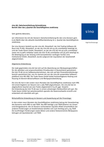 Thumbnail Sino AG Quarterly Report 2008-2009-q3