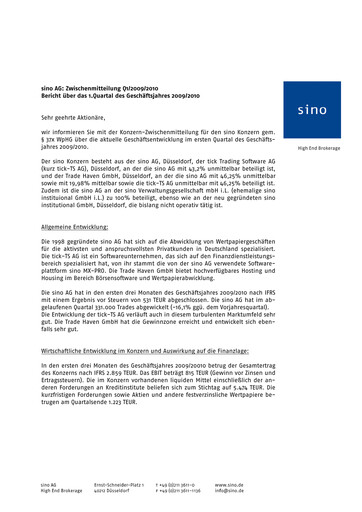 Thumbnail Sino AG Quarterly Report 2009-2010-q1