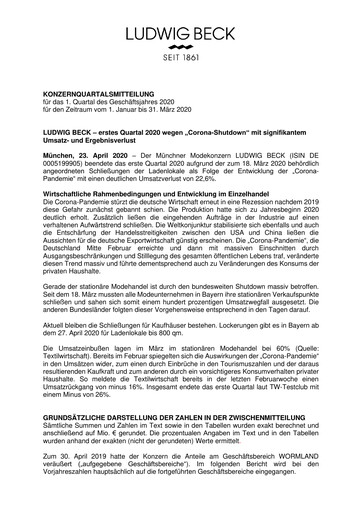 Thumbnail LUDWIG BECK am Rathauseck - Textilhaus Feldmeier Quarterly Report 2020-q1