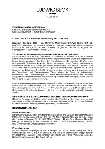 Miniature LUDWIG BECK am Rathauseck - Textilhaus Feldmeier Rapport trimestriel 2026-q1