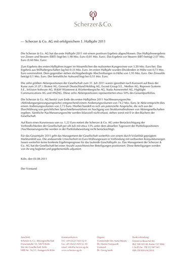 Thumbnail Scherzer & Co. AG Half-year Report 2011-h1