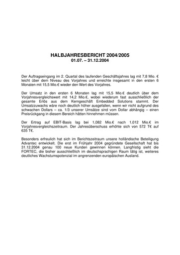 Miniature FORTEC Elektronik AG Rapport semestriel 2004-2005