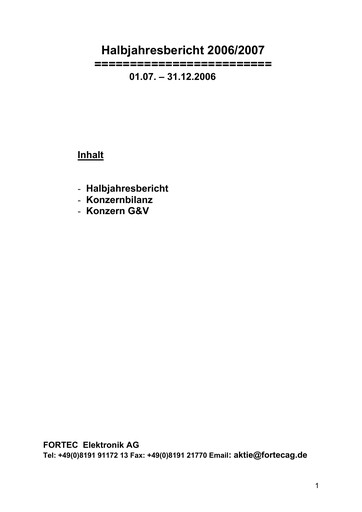 Miniature FORTEC Elektronik AG Rapport semestriel 2006-2007