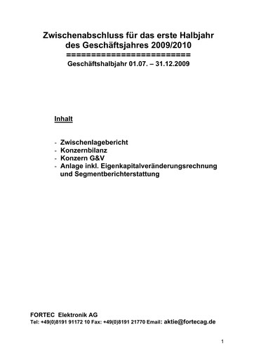 Miniature FORTEC Elektronik AG Rapport semestriel 2009-2010