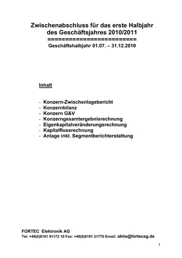 Miniature FORTEC Elektronik AG Rapport semestriel 2010-2011