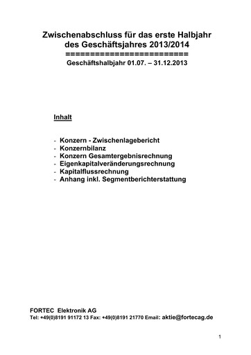 Miniature FORTEC Elektronik AG Rapport semestriel 2013-h1