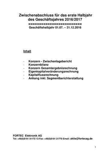 Miniature FORTEC Elektronik AG Rapport semestriel 2016-h1