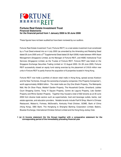Thumbnail Fortune REIT
 Half-year Report 2006-h1