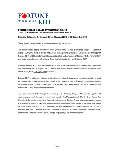 Thumbnail Fortune REIT
 Quarterly Report 2003-q3
