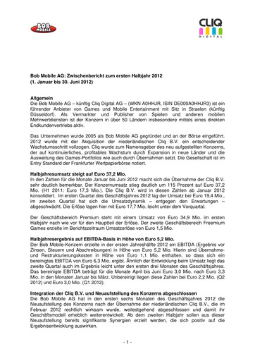 Thumbnail Cliq Digital AG Half-year Report 2012-h1