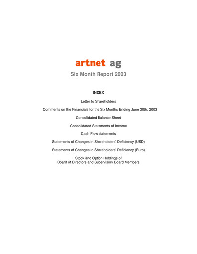 Miniature Artnet AG Rapport semestriel 2003-h1
