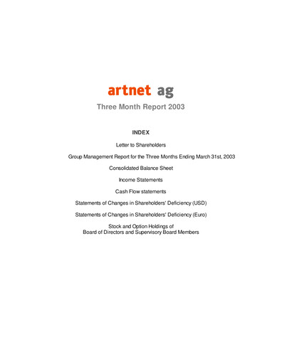 Miniature Artnet AG Rapport trimestriel 2003-q1