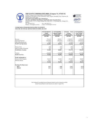 Vorschaubild Top Glove Quartalsbericht 2013-q2