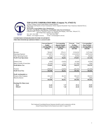 Vorschaubild Top Glove Quartalsbericht 2015-q4