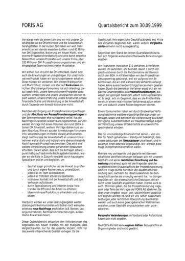 Thumbnail FORIS AG Quarterly Report 1999-q3