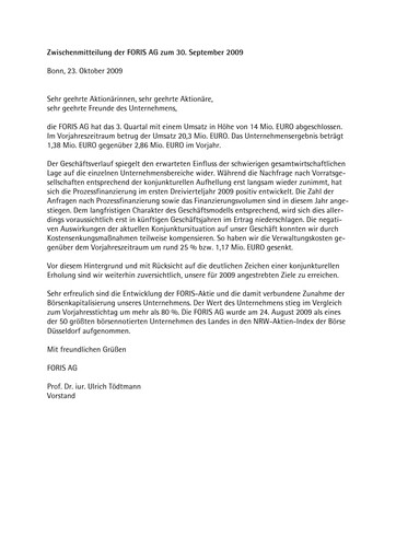 Thumbnail FORIS AG Quarterly Report 2009-q3