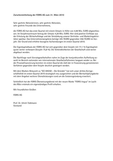 Thumbnail FORIS AG Quarterly Report 2010-q1