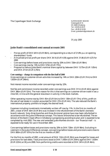 Thumbnail Jyske Bank Financial Report 2001-h1