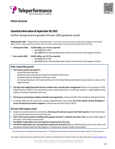 Thumbnail Teleperformance Quarterly Report 2022-q3