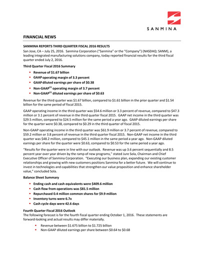 Thumbnail Sanmina Quarterly Report 2016-q3