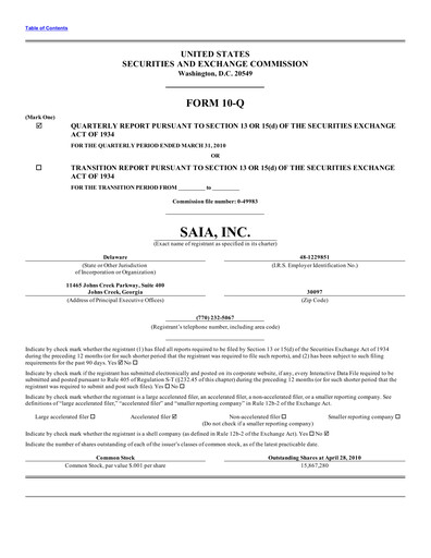 Thumbnail Saia
 Quarterly Report 2010-q1