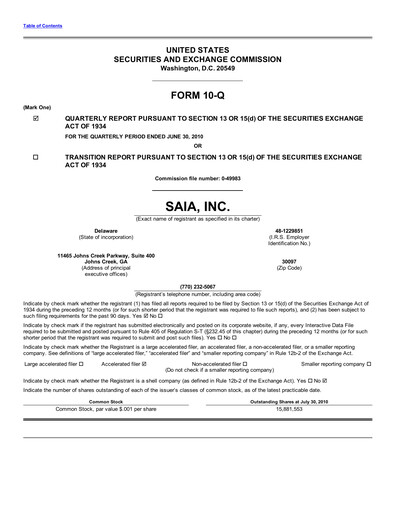 Thumbnail Saia
 Quarterly Report 2010-q2