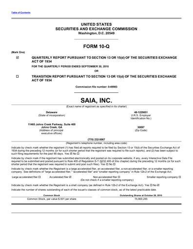 Thumbnail Saia
 Quarterly Report 2010-q3