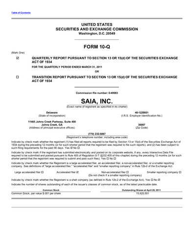 Thumbnail Saia
 Quarterly Report 2011-q1