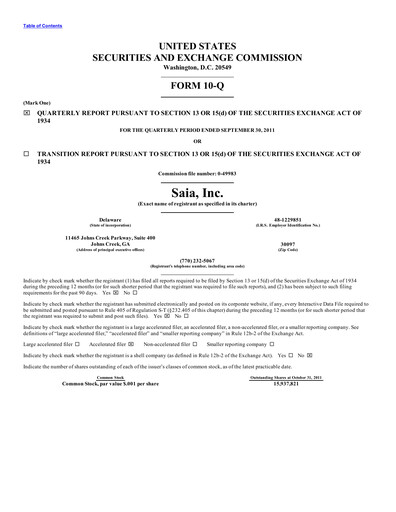 Thumbnail Saia
 Quarterly Report 2011-q3