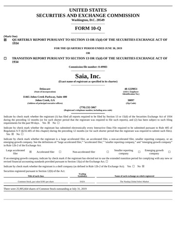 Thumbnail Saia
 Quarterly Report 2019-q2