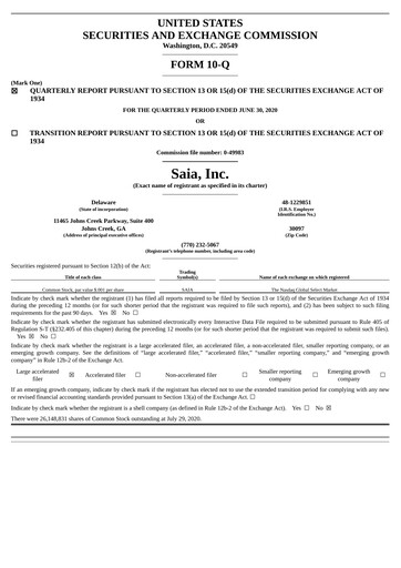 Thumbnail Saia
 Quarterly Report 2020-q2