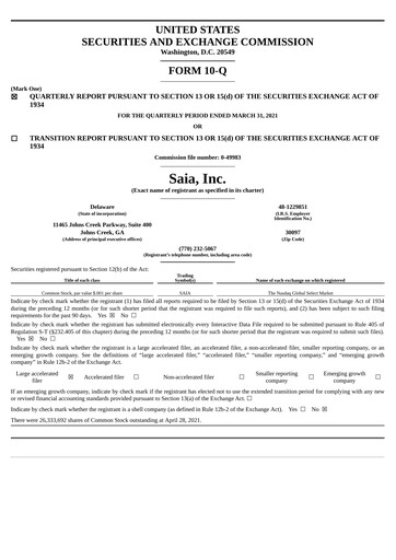 Thumbnail Saia
 Quarterly Report 2021-q1