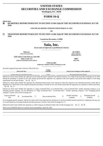 Thumbnail Saia
 Quarterly Report 2022-q1