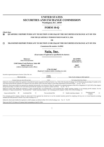 Thumbnail Saia
 Quarterly Report 2026-q1
