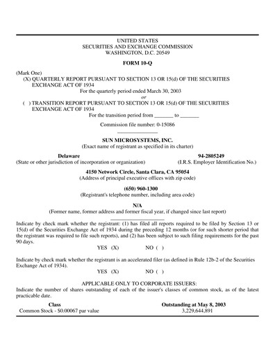 Thumbnail Sun Microsystems Quarterly Report 2003-q3