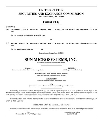 Thumbnail Sun Microsystems Quarterly Report 2004-q3