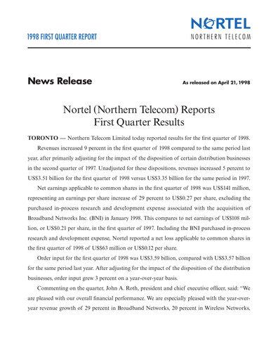 Thumbnail Nortel Networks Quarterly Report 1998-q1