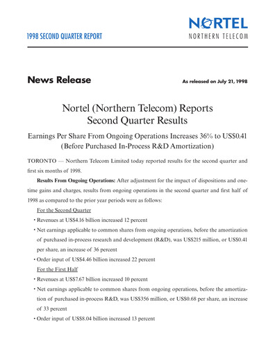Thumbnail Nortel Networks Quarterly Report 1998-q2