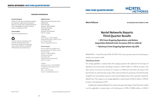 Thumbnail Nortel Networks Quarterly Report 1998-q3