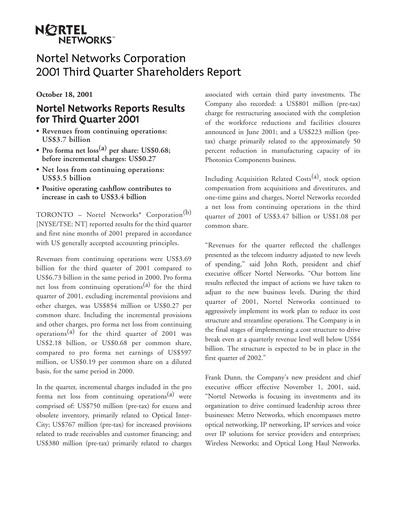 Thumbnail Nortel Networks Quarterly Report 2001-q3