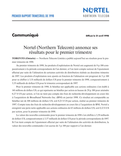 Thumbnail Nortel Networks Quarterly Report 1998-q1