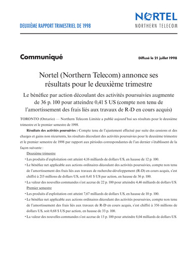 Thumbnail Nortel Networks Quarterly Report 1998-q2