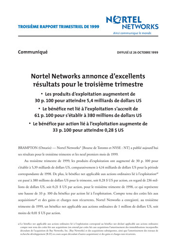 Thumbnail Nortel Networks Quarterly Report 1999-q3