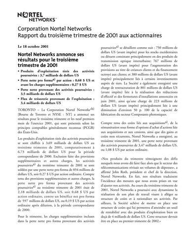 Thumbnail Nortel Networks Quarterly Report 2001-q3