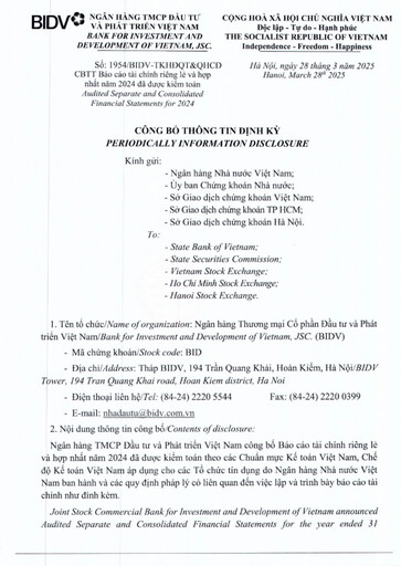 Vorschaubild BIDV  (Commercial Bank for Investment and Development of Vietnam) Finanzmitteilung 2024