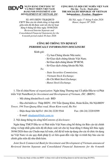 Thumbnail BIDV  (Commercial Bank for Investment and Development of Vietnam) Half-year Report 2026-h1