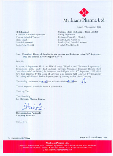 Miniature Marksans Pharma
 Rapport trimestriel 2022-q3