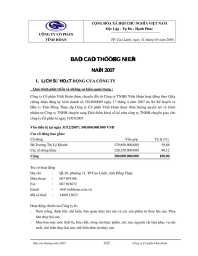 Thumbnail Vinh Hoan Corporation Annual Report 2007