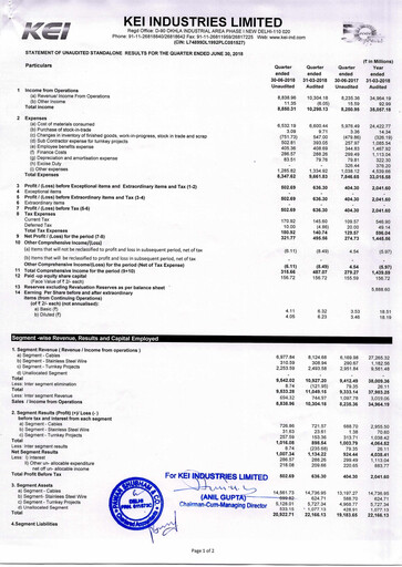 Thumbnail KEI Industries Quarterly Report 2018-q1