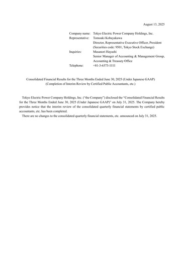 Thumbnail Tokyo Electric Power Company Quarterly Report 2026-q1